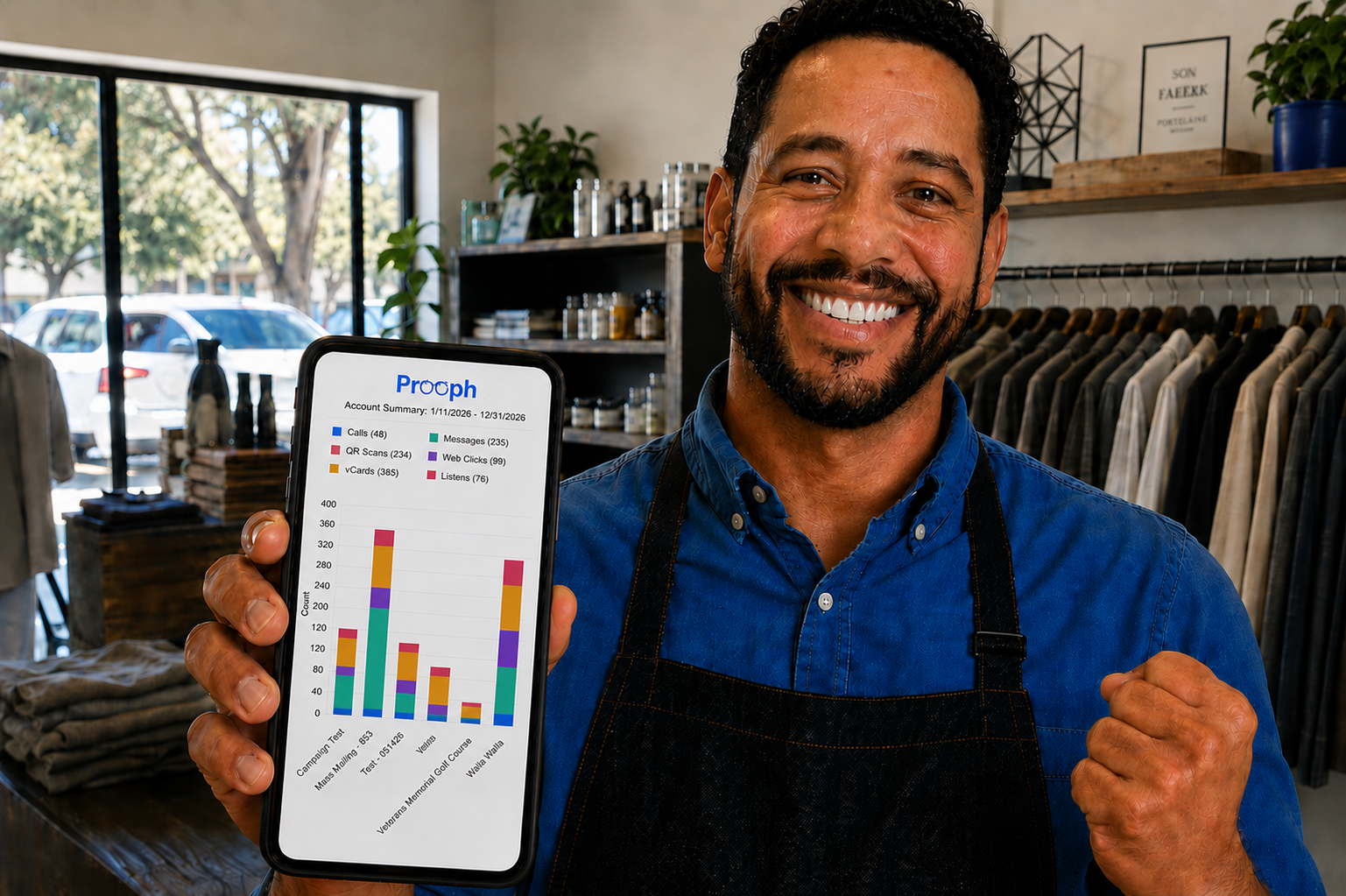 Business owner seeing Prooph campaign results on phone