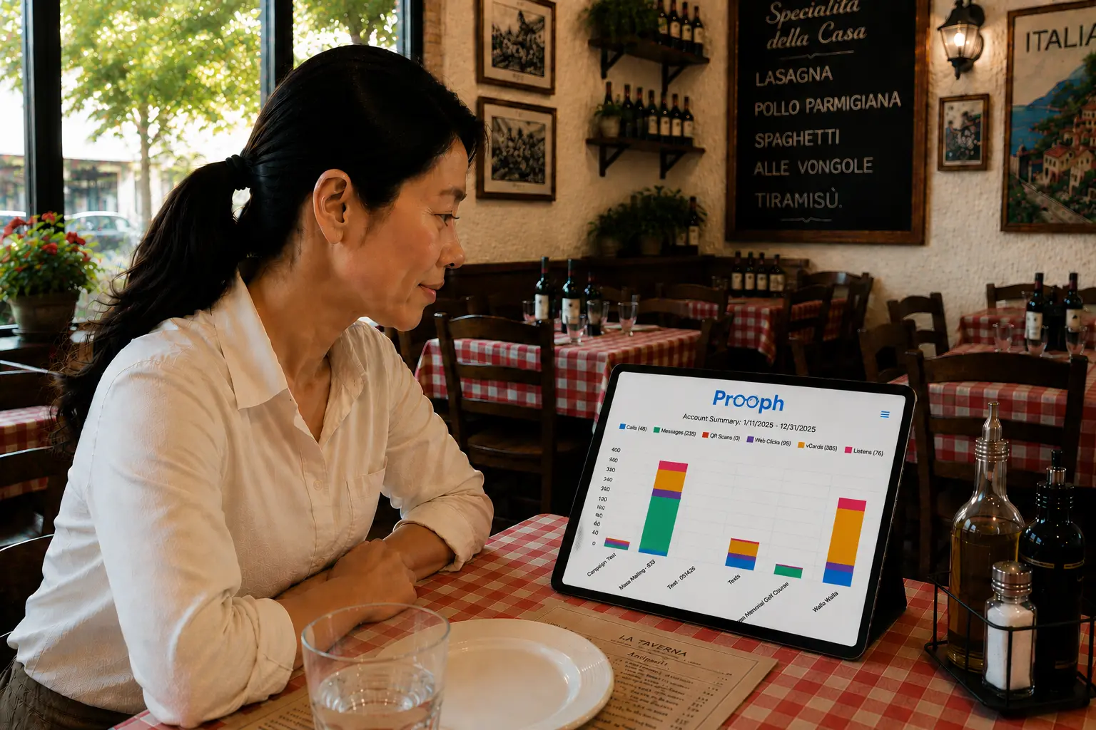 Restaurant owner reviewing Prooph analytics on a tablet